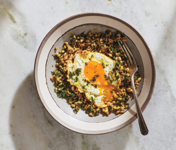 Greens, grains, fried egg work well for any meal